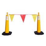 Two yellow traffic safety cones with black bases connected by a string of red and yellow triangular pennant flags, shown on a plain white background.
