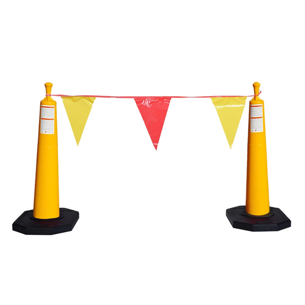 Two yellow traffic safety cones with black bases connected by a string of red and yellow triangular pennant flags, shown on a plain white background.
