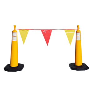 Two yellow traffic safety cones with black bases connected by a string of red and yellow triangular pennant flags, shown on a plain white background.