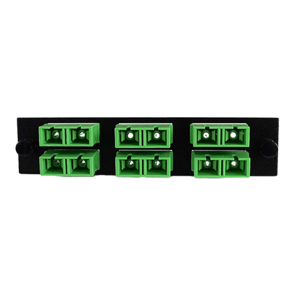 SC/APC Duplex Single Mode Adapter Panel (Black) for 12 Fibers (6 Duplex Adapters), Green Adapters