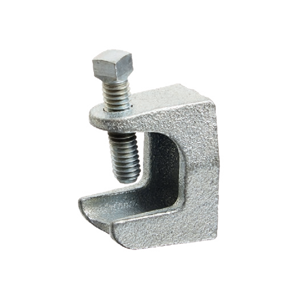 Metal C-clamp with a bolt on a white background