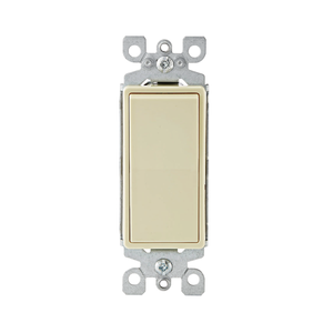 A single-toggle wall switch with a cream-colored front plate and a silver metal mounting base, shown against a plain white background.