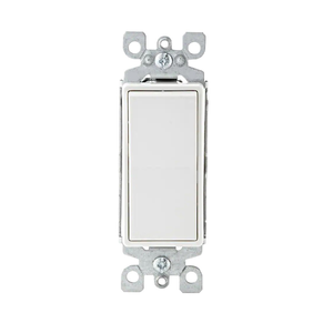 A single-toggle wall switch with a white front plate and a silver metal mounting frame, shown against a plain white background.