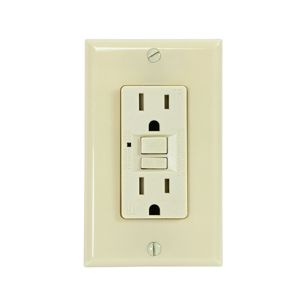 An off-white double outlet electrical wall switch plate with a single toggle switch, shown on a solid white background.