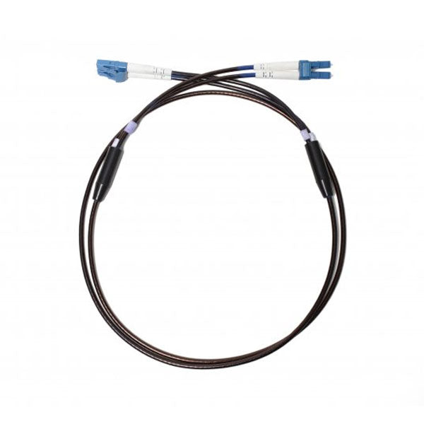 A fiber optic patch cable with blue LC connectors on both ends, designed for high-speed data transfer between fiber optic devices.