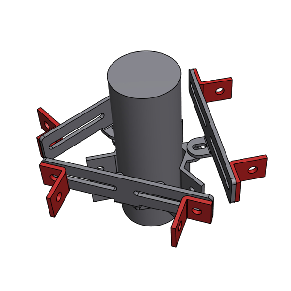 A 3D CAD rendering of a mechanical mounting bracket assembly, featuring a central gray cylindrical post surrounded by four red and gray L-shaped brackets on a plain white background.