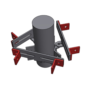 A 3D CAD rendering of a mechanical mounting bracket assembly, featuring a central gray cylindrical post surrounded by four red and gray L-shaped brackets on a plain white background.