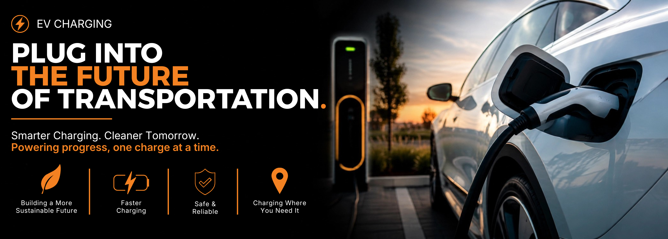 Electric vehicle charging station with text promoting the future of transportation