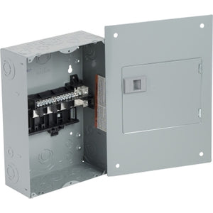 Square D: Load center, QO, 1 phase, 8 spaces, 16 circuits, 100A fixed main lugs, NEMA1, gnd bar, door flush cover, CSA