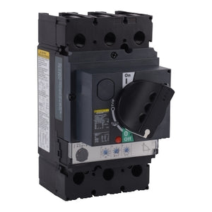 Square D: Circuit breaker, PowerPacT J, 250A, 3 pole, 600VAC, 18kA, busbar, Micrologic 3.2, 100%, black rotary handle