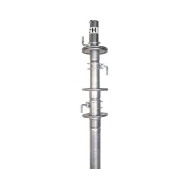 A tall, slender metallic pole or mast with multiple circular flanges and small side-mounted hardware, shown against a plain white background.