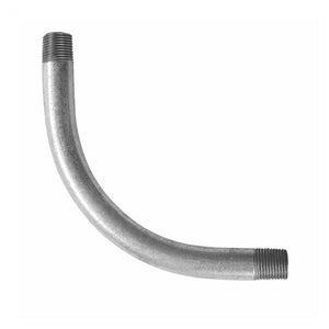 A silver galvanized elbow pipe fitting with threaded ends.