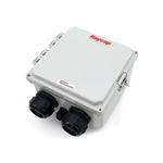 White electrical enclosure with black connectors and Raycap branding on a white background