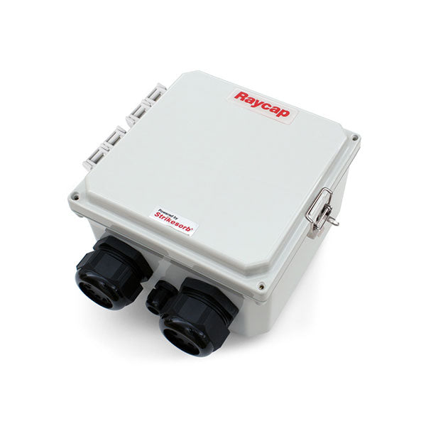 White electrical enclosure with black connectors and Raycap branding on a white background