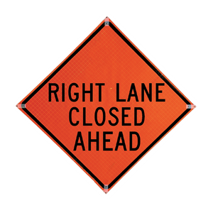 TrafFix: Vizcon Roll Up Sign, 36x36 Reflective PP HF Right Lane Closed Ahead, (W20-5R) Velcro around Right 7x16 / Ahead 7x22