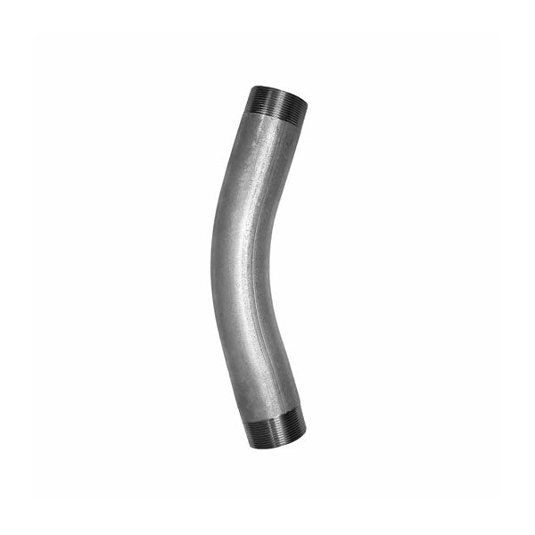 A 30 degree galvanized rigid elbow made of steel.