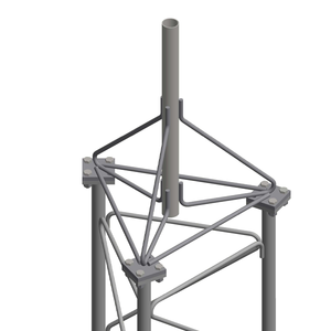 A gray metal tower support frame with a central vertical pipe and diagonal bracing, shown on a plain white background.
