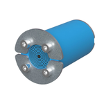A blue cylindrical component with a textured silver metal flange and four visible silver screws, shown on a plain white background.