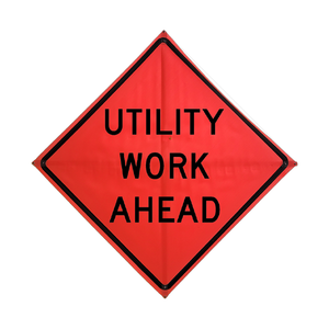 TrafFix: Vizcon Roll Up Sign, 48x48 Mesh PP HF Utility Work Ahead (W21-7) Velcro around Ahead 9x30